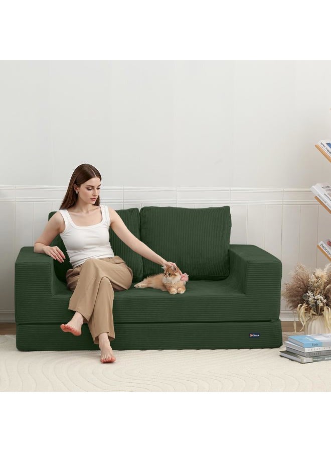 COMAX Convertible Sofa Bed Queen, Folding Fold Out Couch Bed, Floor Futon Couch Corduroy Sleeper Mattress with Back Pillows, Boneless Sofa Comfy Lounge Loveseat for Living Room Bedroom, Green - Image 2