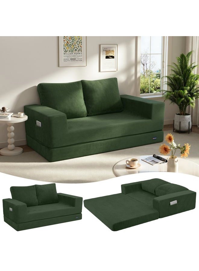 COMAX Convertible Sofa Bed Queen, Folding Fold Out Couch Bed, Floor Futon Couch Corduroy Sleeper Mattress with Back Pillows, Boneless Sofa Comfy Lounge Loveseat for Living Room Bedroom, Green - Image 1