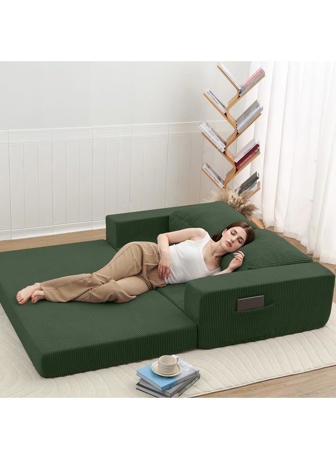 COMAX Convertible Sofa Bed Queen, Folding Fold Out Couch Bed, Floor Futon Couch Corduroy Sleeper Mattress with Back Pillows, Boneless Sofa Comfy Lounge Loveseat for Living Room Bedroom, Green - Image 3