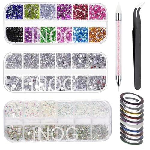 INOG Nail Art Kit For Girl Colorful Rhinestones Nail Design Tools Kit Multi Shapes Flatback Round Bead with Pickup Pen + Tweezer for DIY Manicure Craft Decoration Nail Art - Image 1