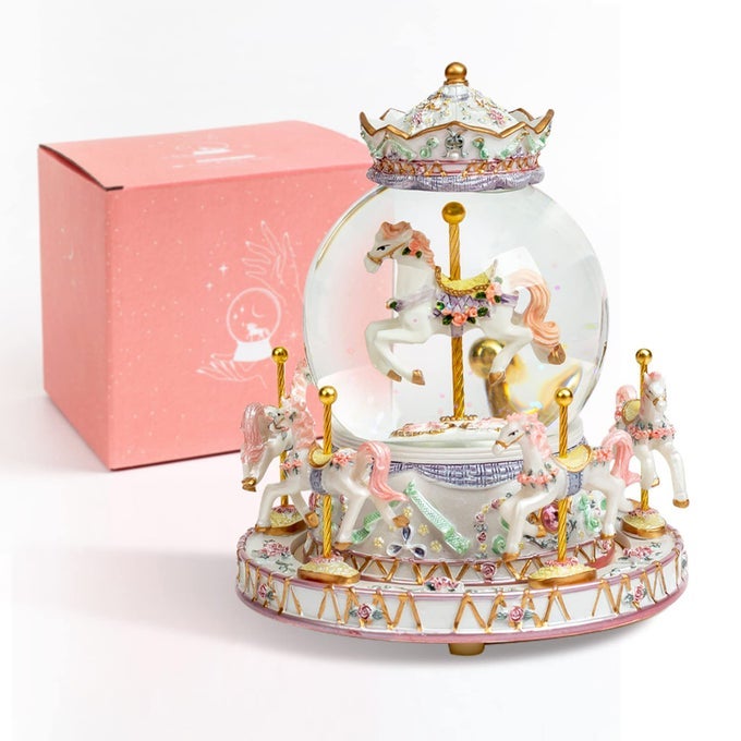 Gift Wrapped Carousel Horse Unicorn Music Box Snow Globe Color Changing LED Lights for Women Kids Baby Girls Mom Daughter Granddaughter Christmas Birthday Gifts Valentines Day Gift White