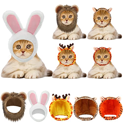 Weewooday 5 Pcs Cat Adorable Costume Bunny Hat with Ears Funny Mane Cat Hat for Pets and Small Dogs Kitten Puppy Party Costume Accessory Headwear(Rabbit, Lion, Leopard, Tiger, Giraffe) - Image 1