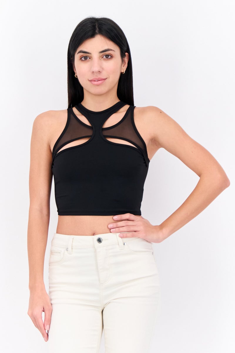 Bershka Women Crew Neck Sleeveless Solid Top, Black  - Image 1