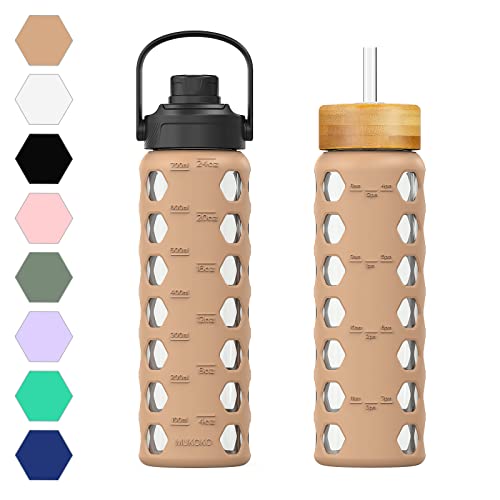 MUKOKO 24oz Glass Water Bottle with 2 LidsHandle Flip LidBamboo Straw LidMotivational Water Tumbler with Time Marker Reminder and Silicone Sleeve LeakproofAmber
