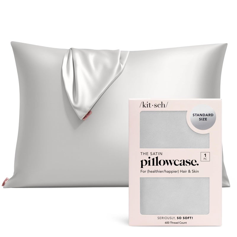 Kitsch Satin Pillowcase with Zipper for Hair & Skin, Softer Than Silk Pillow Cases Queen, Wrinkle-Free, Smooth and Cooling Satin Pillow Covers, Standard Size 19"x26", Silver - Image 1