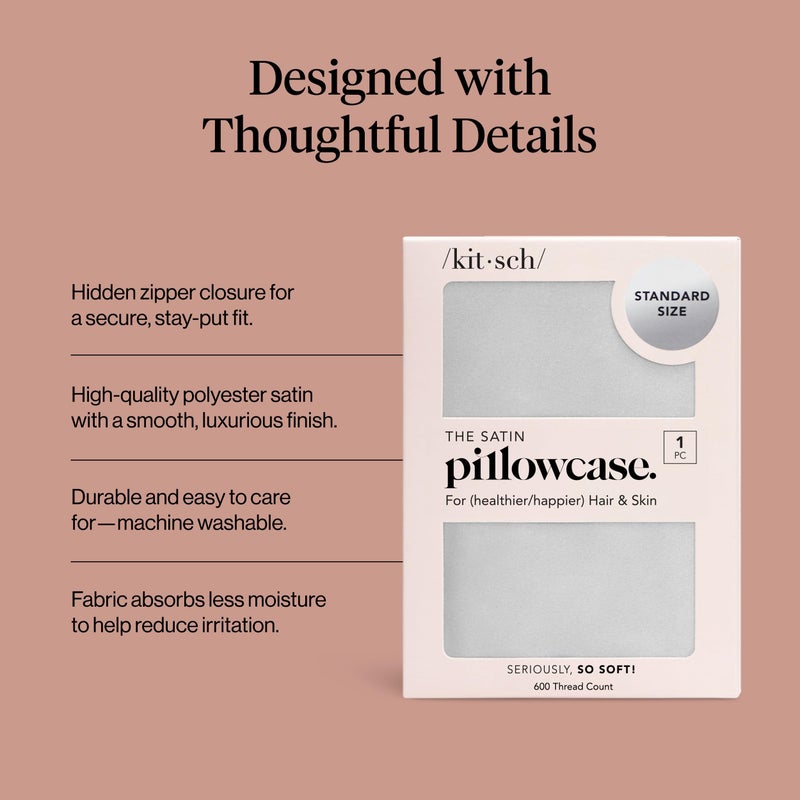 Kitsch Satin Pillowcase with Zipper for Hair & Skin, Softer Than Silk Pillow Cases Queen, Wrinkle-Free, Smooth and Cooling Satin Pillow Covers, Standard Size 19"x26", Silver - Image 3