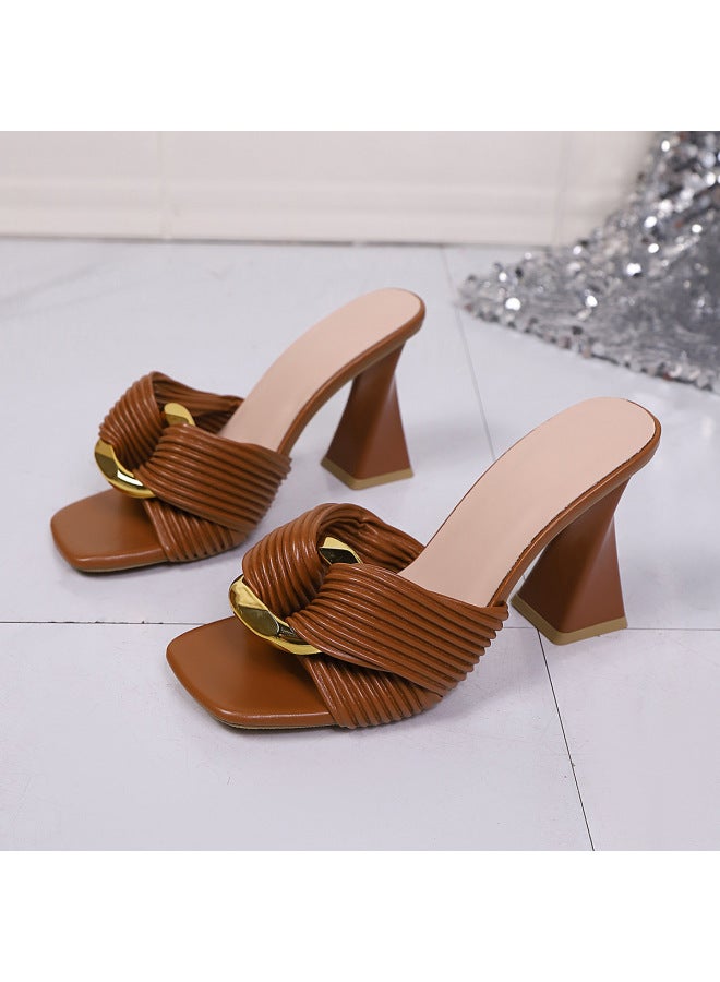 Summer New Style Women's Square-toe Open-toe High-heeled Fashion Sandals With Metal Buckle And Chunky Heel