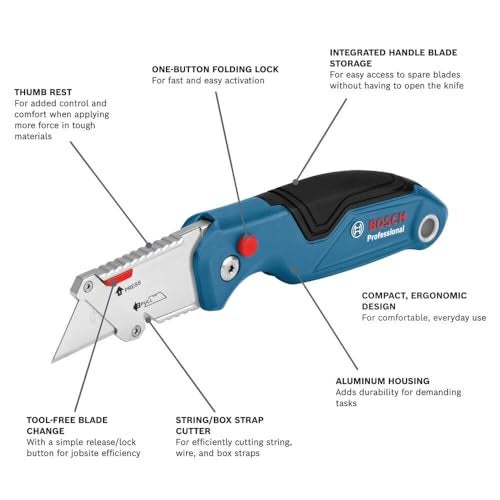 BOSCH H11-11100-1 Folding Utility Knife | Compact, Portable, and Durable with Integrated Blade Storage, Thumb Rest, and Includes Belt Clip, Strap Cutter, 3 Blades - Image 2