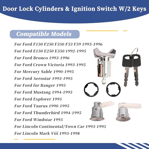 Getfarway أسطوانات قفل الباب ومفتاح الإشعال Getfarway مع 2 مفتاح متوافق مع فورد أيرستار 1994، F150/250/350 بيك أب 1992-1995، E150/250/350 فان 1992-1995، كراون فيكتوريا 1990-1991، رينجر 1995 والمزيد - Image 2