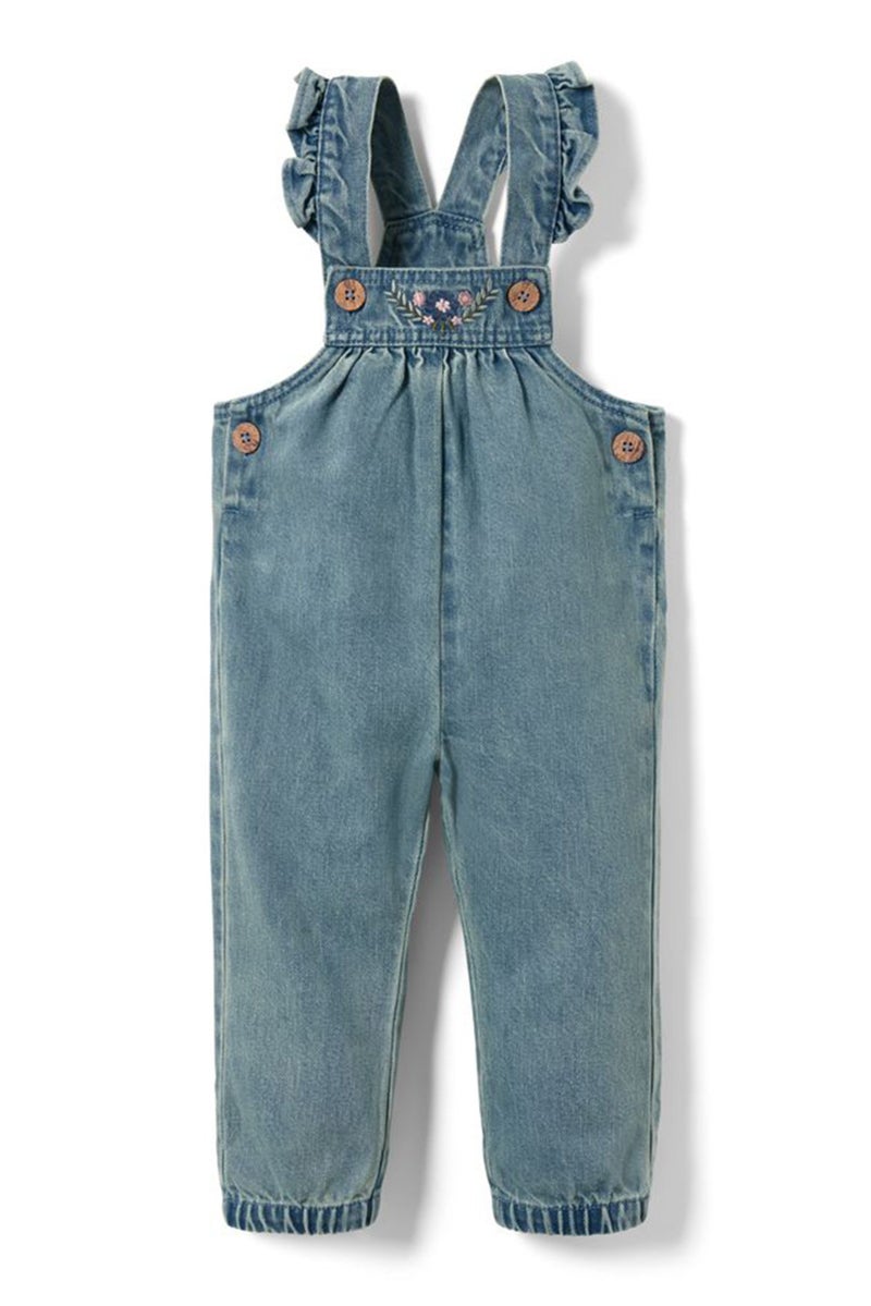 Tchibo Toddlers Girl Embroidered Denim Dungarees, Washed Blue - Image 2