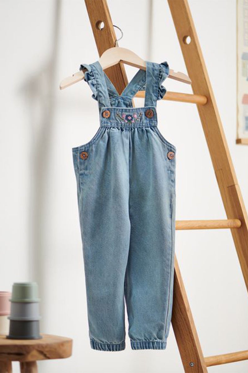 Tchibo Toddlers Girl Embroidered Denim Dungarees, Washed Blue - Image 4