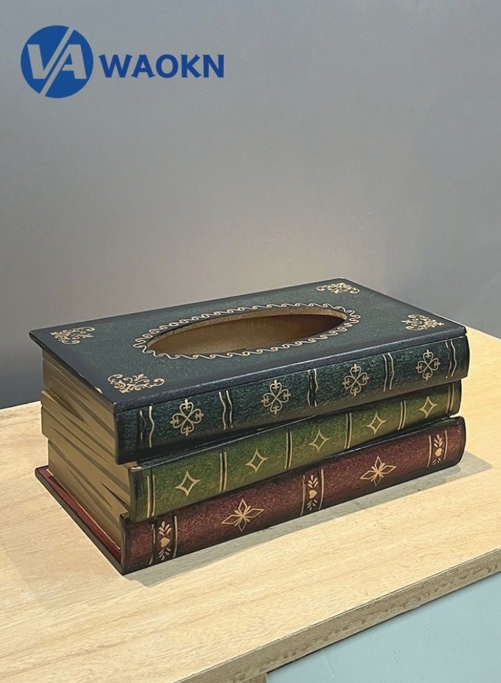 دبليو أيه أو كي أن علبة مناديل خشبية على شكل كتاب عتيق، حامل مناديل ورقية مستطيل الشكل، علبة تخزين مناديل ورقية دائرية، مناسبة للمنزل/المكتب/ديكور السيارة - Image 1