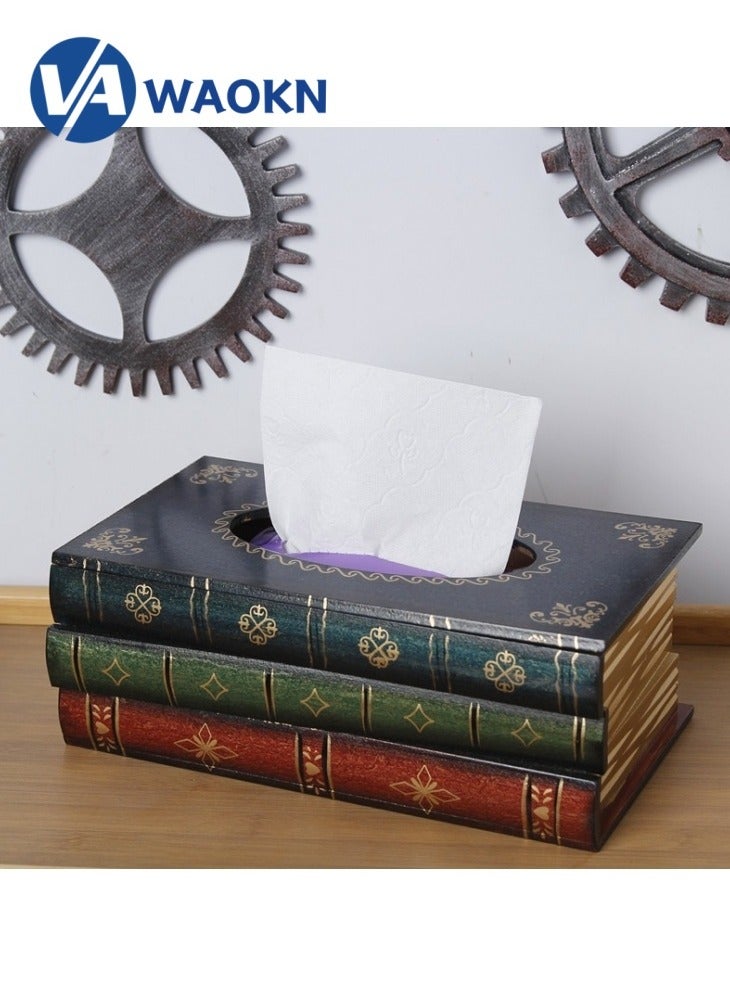 دبليو أيه أو كي أن علبة مناديل خشبية على شكل كتاب عتيق، حامل مناديل ورقية مستطيل الشكل، علبة تخزين مناديل ورقية دائرية، مناسبة للمنزل/المكتب/ديكور السيارة - Image 2