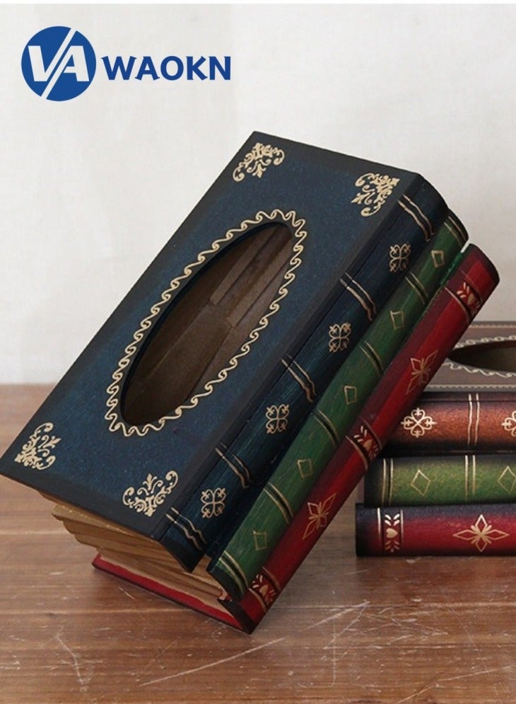 دبليو أيه أو كي أن علبة مناديل خشبية على شكل كتاب عتيق، حامل مناديل ورقية مستطيل الشكل، علبة تخزين مناديل ورقية دائرية، مناسبة للمنزل/المكتب/ديكور السيارة - Image 3