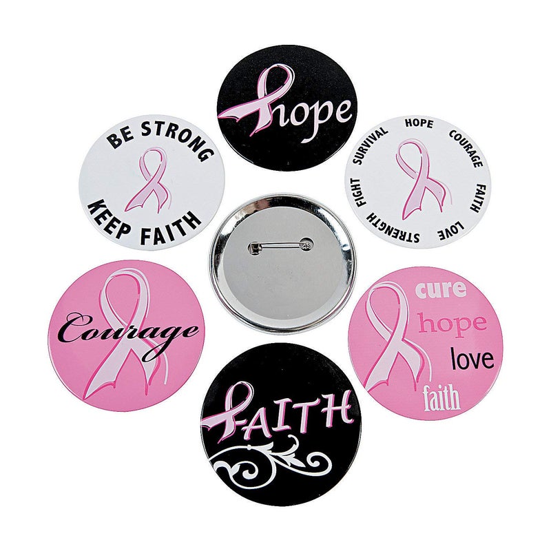 Fun Express Inspirational Pink Ribbon Breast Cancer Awareness Button Set - Jewelry Pins - Perfect for Fundraisers, Events, and Support - 24-Piece