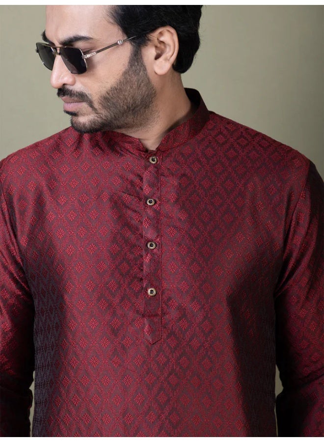 Devoiler Mens Maroon Self Design Cotton Silk Kurta Set - Image 4
