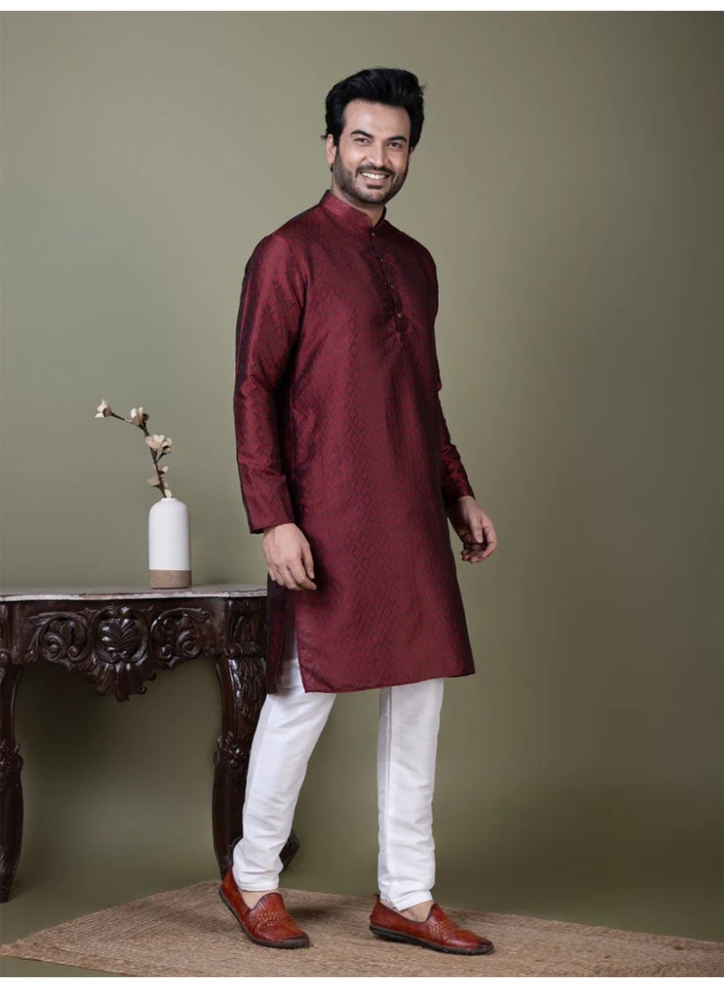 Devoiler Mens Maroon Self Design Cotton Silk Kurta Set - Image 1