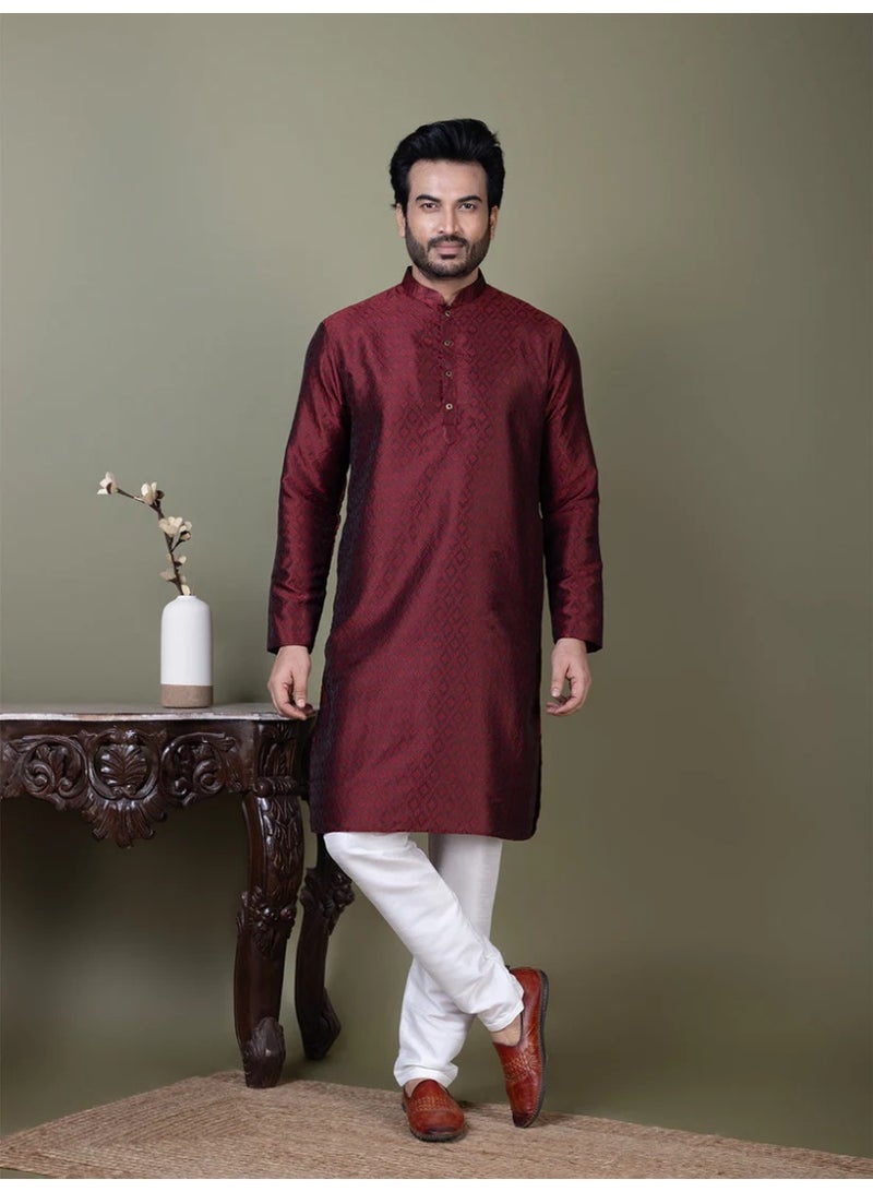 Devoiler Mens Maroon Self Design Cotton Silk Kurta Set - Image 5