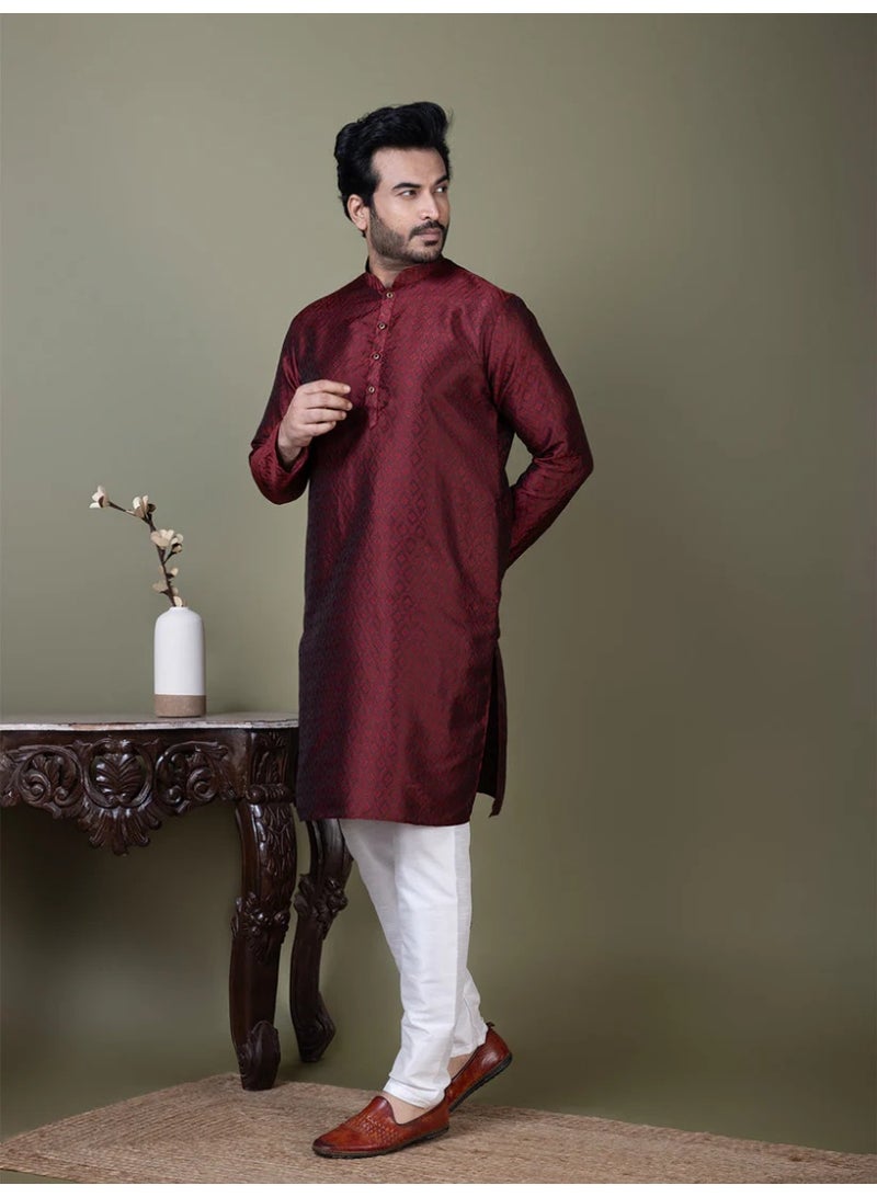 Devoiler Mens Maroon Self Design Cotton Silk Kurta Set - Image 2