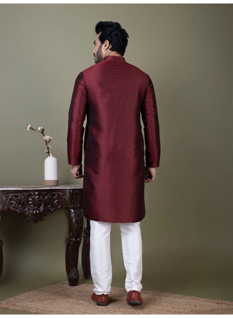 Devoiler Mens Maroon Self Design Cotton Silk Kurta Set - Image 3