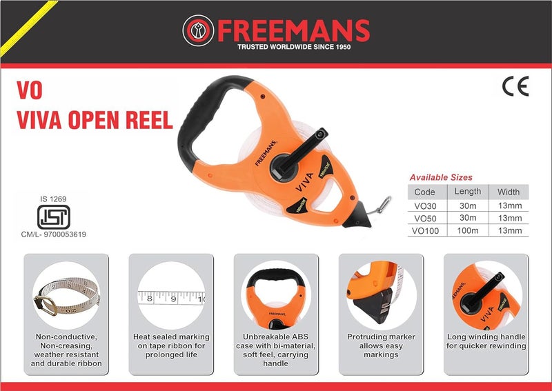 FREEMANS Viva Open Reel 100m:13mm Fibreglass Measuring tape - 100m/330ft With Unbreakable ABS case || Double Side Printing || Long and Durable Winding Handle For Easy Retraction and Steel End Hook - Image 4