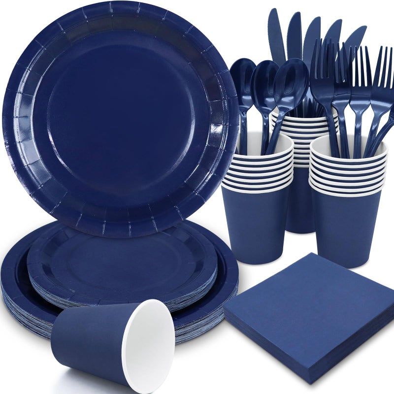 Gudvilla 168Pcs Navy Blue Party Supplies for Navy Blue Party Decorations includes Paper Plates and Napkins Cups Utensils,Blue Disposable Plates Set for Boy Baptism Birthday Graduation Serve 24 Guests - Image 1