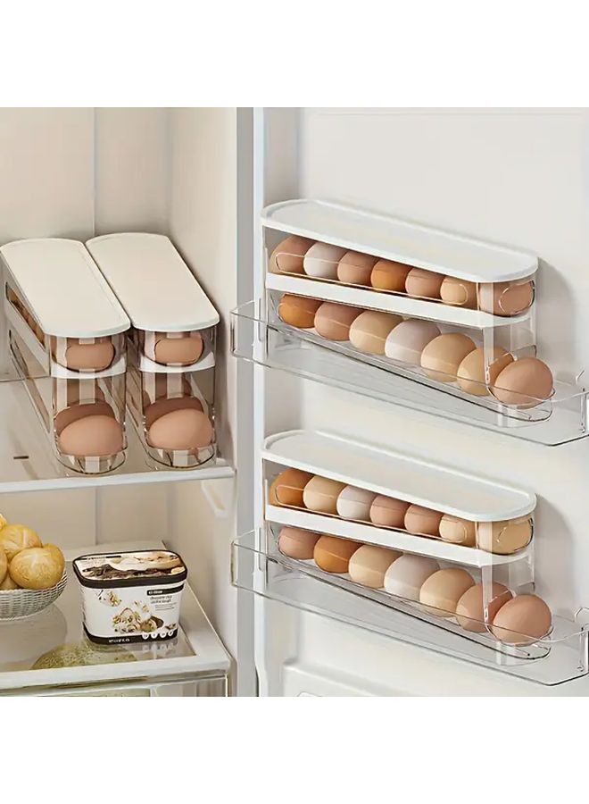 2 Tier Rolling Egg Holder White Space Saving Fridge Organizer With Anti Tip Design - Image 1