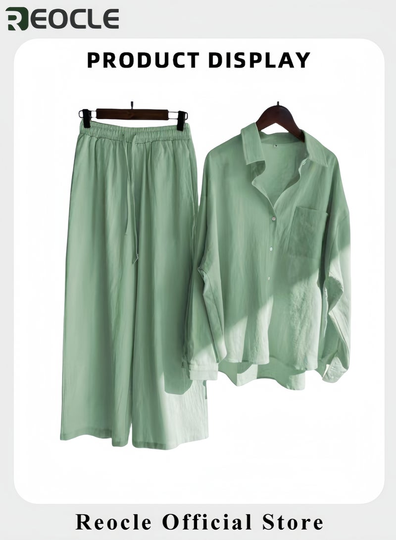 REOCLE Women's 2 PCS Cotton Linen Set Comfortable and Breathable Retro Outfits Button Down Long Sleeve Shirt and High Waist Wide Leg Pants Set - Image 2
