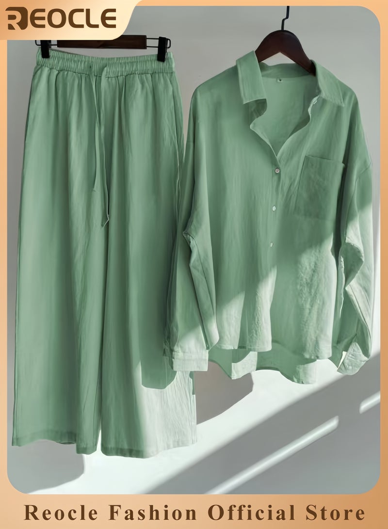 REOCLE Women's 2 PCS Cotton Linen Set Comfortable and Breathable Retro Outfits Button Down Long Sleeve Shirt and High Waist Wide Leg Pants Set - Image 1