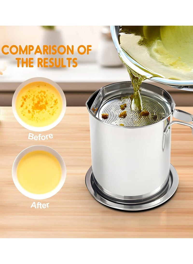 LOOPITYS oil storage tank 2L / 67.6 Fl Oil filter pot Grease Container with SUS304 stainless steel Fine Mesh Strainer Dust-proof Lid Tray for Fat , Hot Frying Oil large capacity Storing Frying Used Cooking Grease oil can - Image 2
