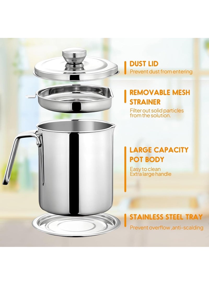 LOOPITYS oil storage tank 2L / 67.6 Fl Oil filter pot Grease Container with SUS304 stainless steel Fine Mesh Strainer Dust-proof Lid Tray for Fat , Hot Frying Oil large capacity Storing Frying Used Cooking Grease oil can - Image 1