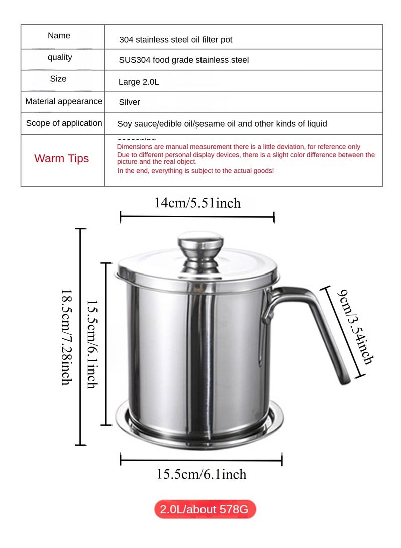 LOOPITYS oil storage tank 2L / 67.6 Fl Oil filter pot Grease Container with SUS304 stainless steel Fine Mesh Strainer Dust-proof Lid Tray for Fat , Hot Frying Oil large capacity Storing Frying Used Cooking Grease oil can - Image 4