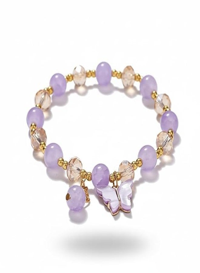 SUKHAD Butterfly Charm Bracelet for Women & Girls | Purple Beaded Stretch Bracelet | Cute Crystal & Gold Bead Fashion Bracelet | Birthday Gift, Friendship Gift for Girls - Image 1