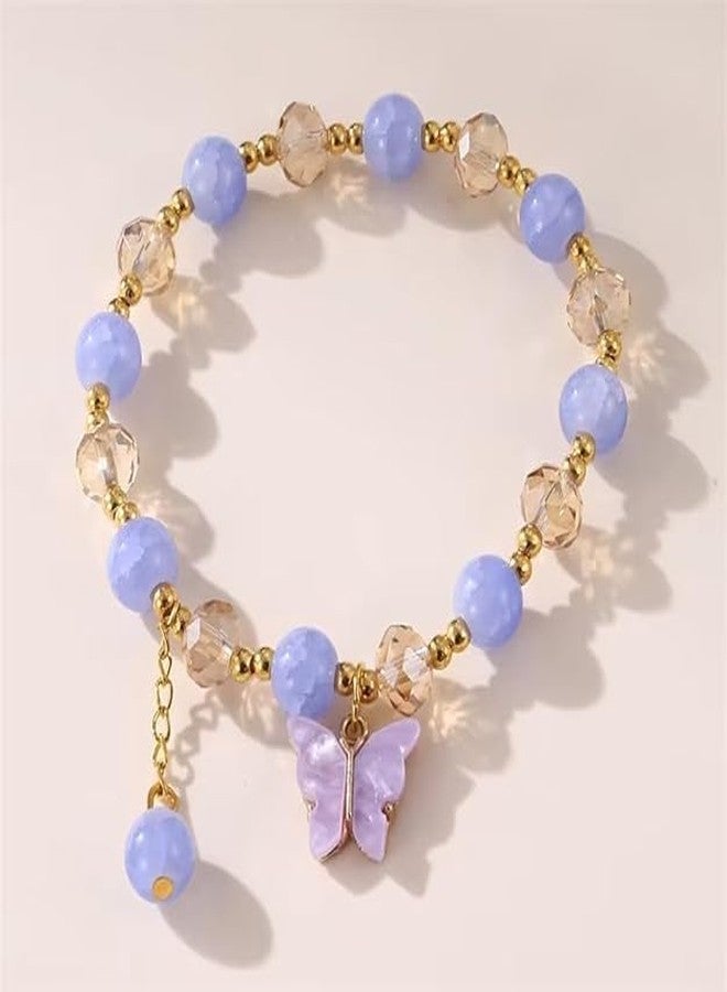 SUKHAD Butterfly Charm Bracelet for Women & Girls | Purple Beaded Stretch Bracelet | Cute Crystal & Gold Bead Fashion Bracelet | Birthday Gift, Friendship Gift for Girls - Image 2