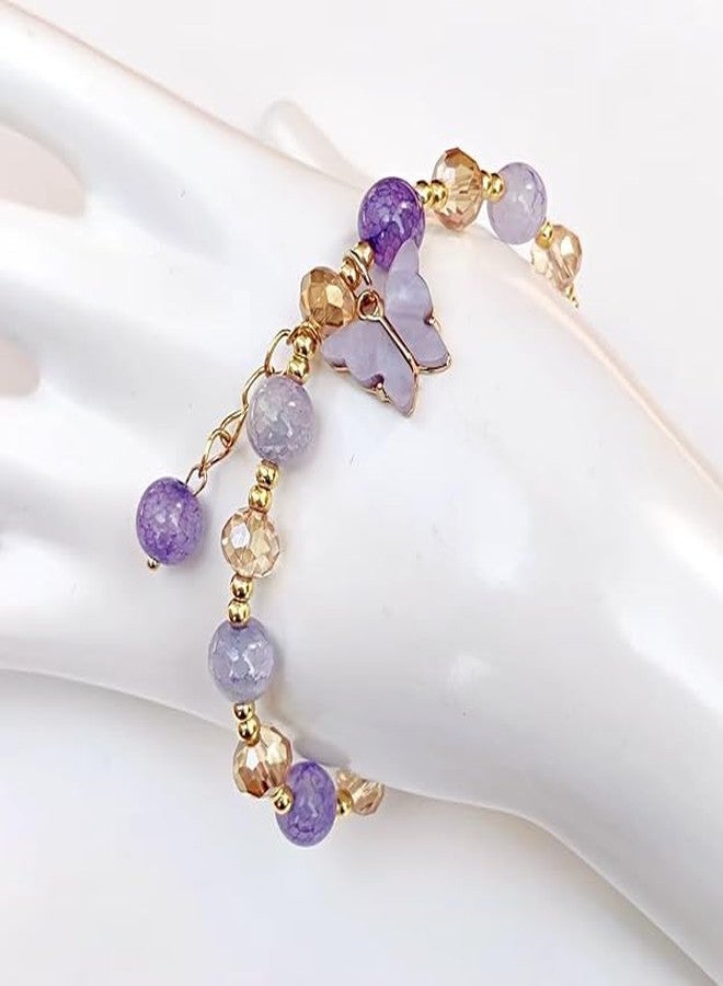 SUKHAD Butterfly Charm Bracelet for Women & Girls | Purple Beaded Stretch Bracelet | Cute Crystal & Gold Bead Fashion Bracelet | Birthday Gift, Friendship Gift for Girls - Image 4