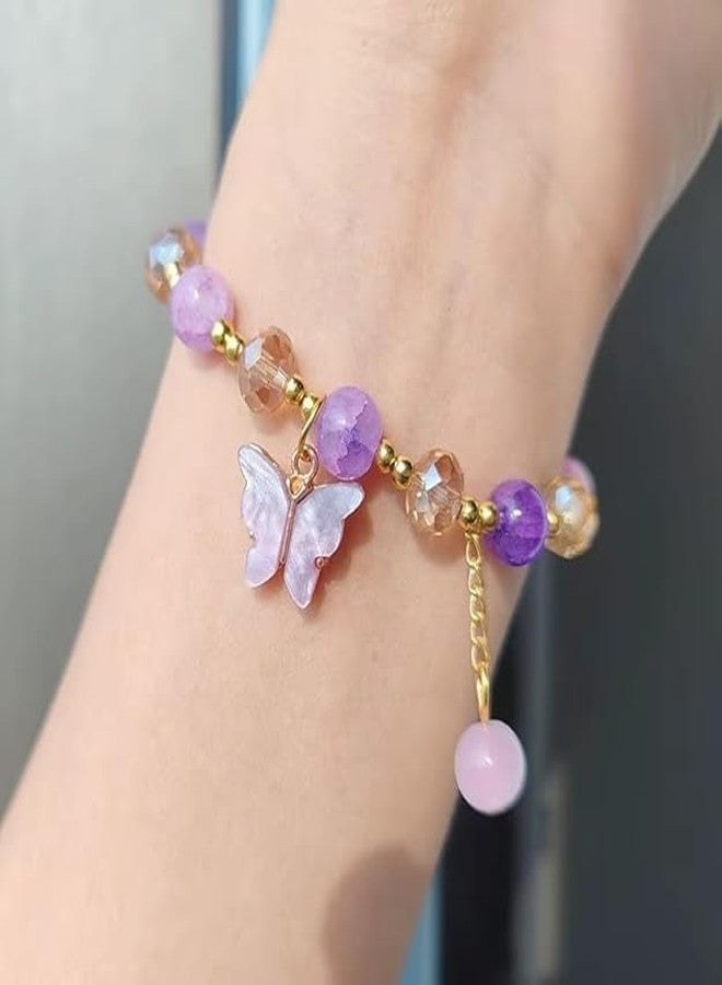 SUKHAD Butterfly Charm Bracelet for Women & Girls | Purple Beaded Stretch Bracelet | Cute Crystal & Gold Bead Fashion Bracelet | Birthday Gift, Friendship Gift for Girls - Image 3