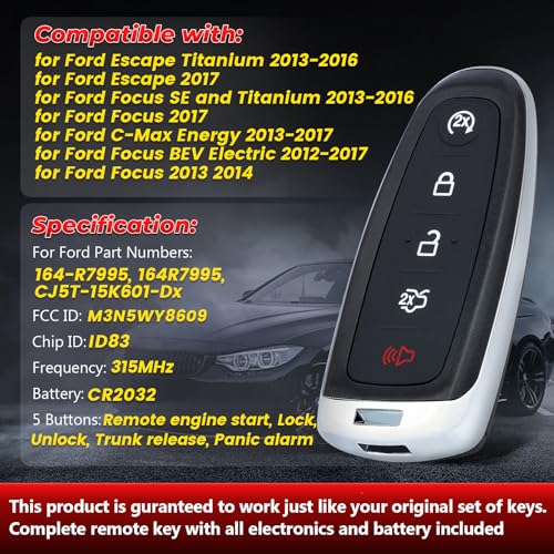 Aichiyu Smart Remote Key Fob Replacement for Ford Escape Titanium 2013-2016 Focus C-Max Maverick 315Mhz ID83 Chip FCC ID: M3N5WY8609, P/N: 164-R7995, CJ5T-15K601-Dx - Image 3