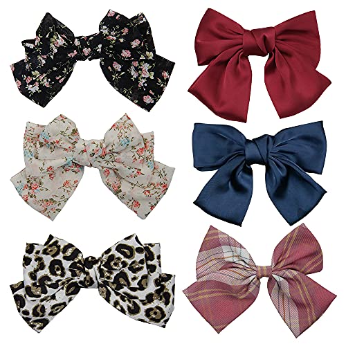 SHINON 6 Pcs Big Bow Hair Barrettes 8 Inch Leopard Rhombus Floral Satin Hair Bow Handmade Ribbon Bow knot Hair Clips for Fashion Women - Image 1