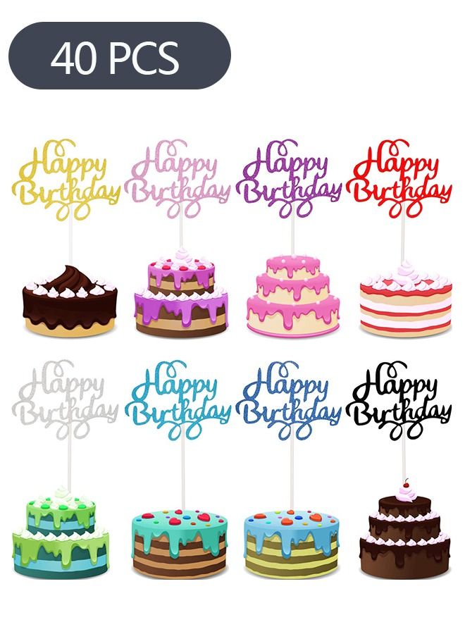 Ant 40-Pieces Happy Birthday Cake Insert Card Decorations Set, Glitter Birthday Cake Accessories for Children Adults, 8 Colors - Image 1