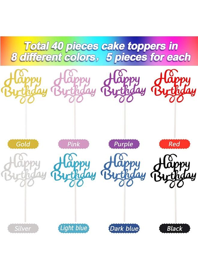 Ant 40-Pieces Happy Birthday Cake Insert Card Decorations Set, Glitter Birthday Cake Accessories for Children Adults, 8 Colors - Image 3