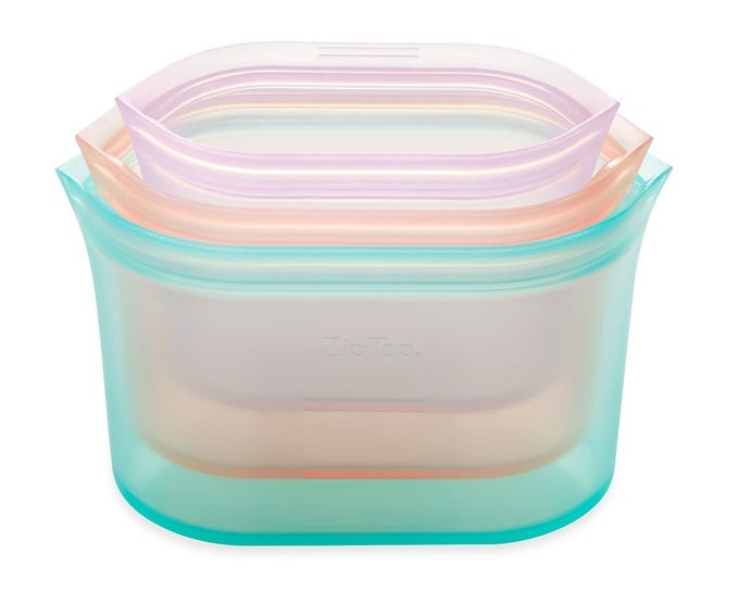 REUSABLE FOOD STORAGE BAGS 3 DISH SET TEALPEACHLAVENDER SMALL MEDIUM LARGE SILICONE MEAL PREP CONTAINER MICROWAVE DISHWASHER AND FREEZER SAFE MADE IN THE USA
