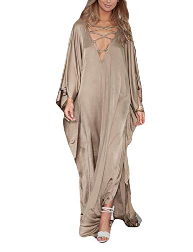 Bsubseach 2025 Long Kaftan Dresses Muumuu Plus Size V Neck Vintage Caftan Coverup Sexy Satin Dress Gold - Image 1