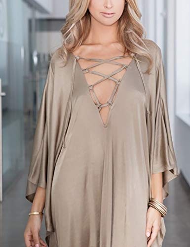 Bsubseach 2025 Long Kaftan Dresses Muumuu Plus Size V Neck Vintage Caftan Coverup Sexy Satin Dress Gold - Image 3