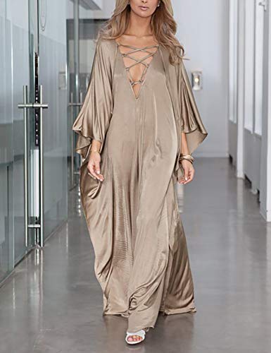Bsubseach 2025 Long Kaftan Dresses Muumuu Plus Size V Neck Vintage Caftan Coverup Sexy Satin Dress Gold - Image 2