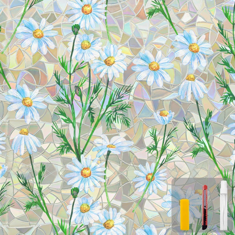 Countewol Window Privacy Film Stained Glass Window Film Rainbow Window Film Window clings Non-Adhesive Reusable Decorative for Room (Daisy Rainbow, 17.5 x 78.7 in) - Image 1