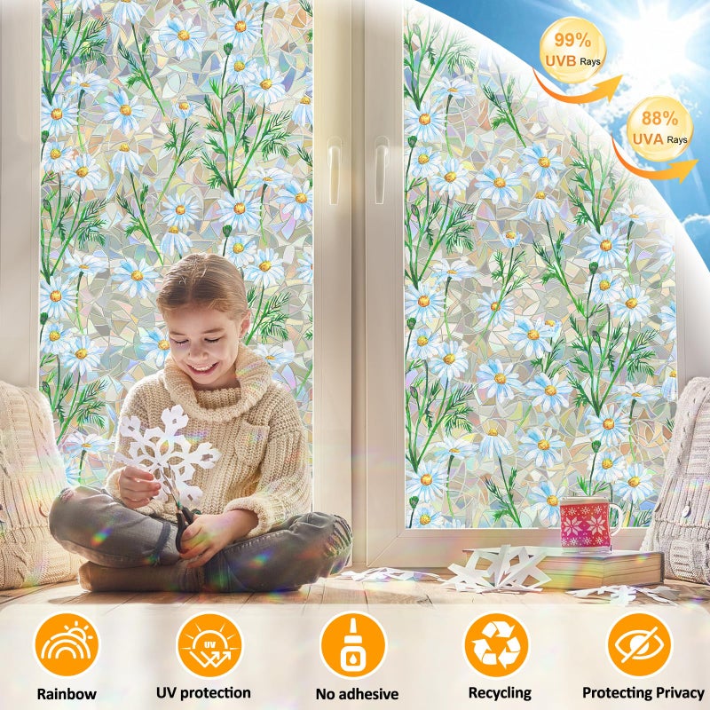 Countewol Window Privacy Film Stained Glass Window Film Rainbow Window Film Window clings Non-Adhesive Reusable Decorative for Room (Daisy Rainbow, 17.5 x 78.7 in) - Image 3