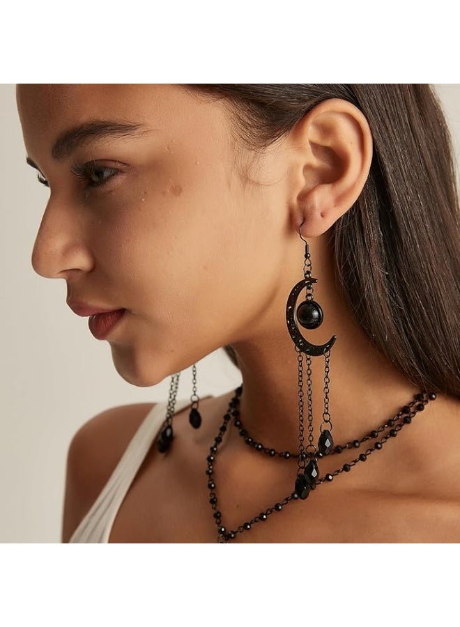 HaDoii Dainty Long Dangle Earrings For Women Girls, Fashion Jewelry, Moon Stars Sun Earring, Fashion Long Drop Dangle, Earring Set (Black) - Image 2