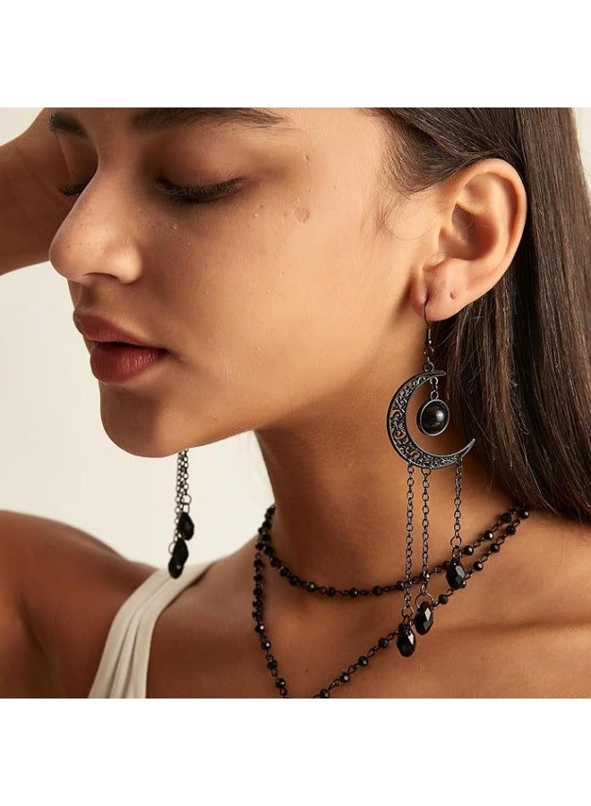 HaDoii Dainty Long Dangle Earrings For Women Girls, Fashion Jewelry, Moon Stars Sun Earring, Fashion Long Drop Dangle, Earring Set (Black) - Image 3