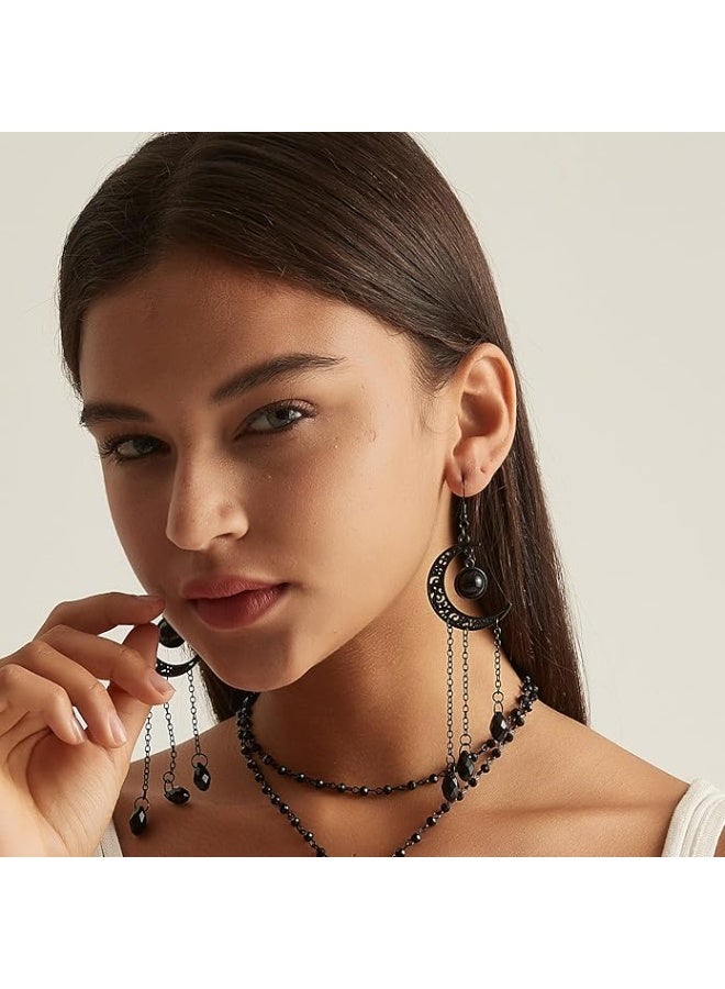 HaDoii Dainty Long Dangle Earrings For Women Girls, Fashion Jewelry, Moon Stars Sun Earring, Fashion Long Drop Dangle, Earring Set (Black) - Image 4