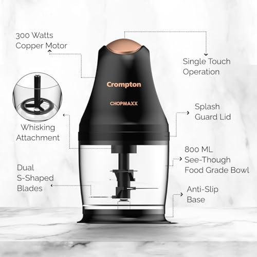 Crompton ChopMaxx Electric Vegetable Chopper | 300 Watts Motors | Twin S-Shaped Ninja food grade blades | 800 ml see through food grade bowl | Whisking attachment | Easy to clean & Store - Image 2